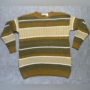 Liz Claiborne 100% Cotton 70s Knit Striped Long Sweater S Brown Olive Tan USA